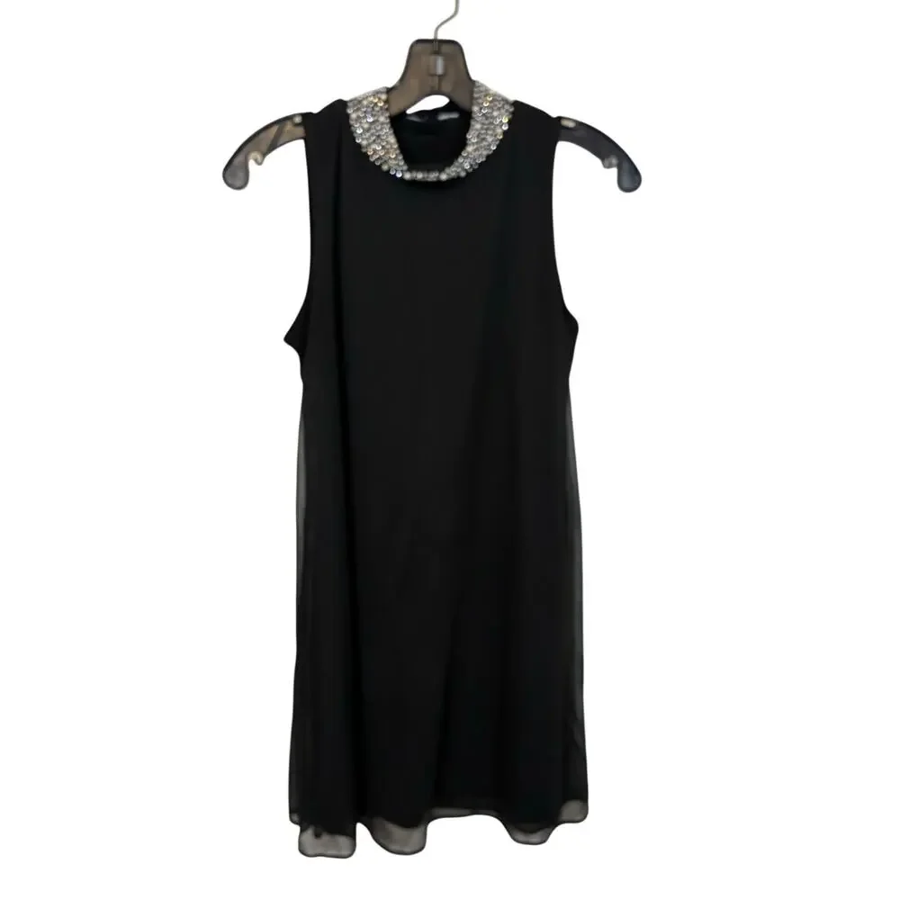 Tiana B Sleeveless Black Embellish Dress 6P Mock Neck Sleek Chic Flowy Event - Picture 2 of 7